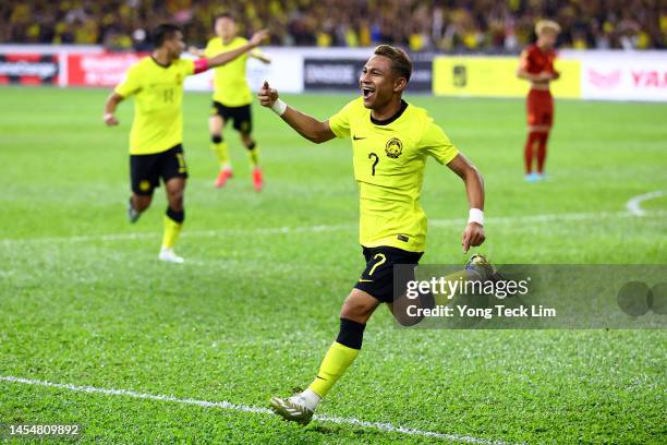 Faisal Halim of Malaysia celebrates after scoring the team's first goal against Thailand in the first half during the AFF Mitsubishi Electric Cup...