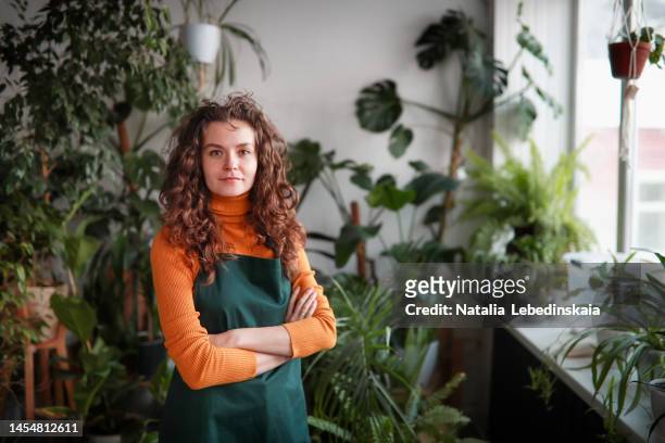 young woman with long curly hair in working green apron.looking at camera near window. - blumenladen stock-fotos und bilder