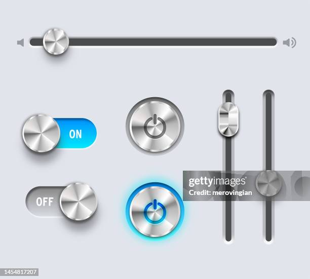 circular shiny metal power buttons, on off buttons and sliders - control panel stock illustrations