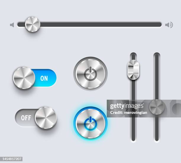 circular shiny metal power buttons, on off buttons and sliders - turning switch on stock illustrations