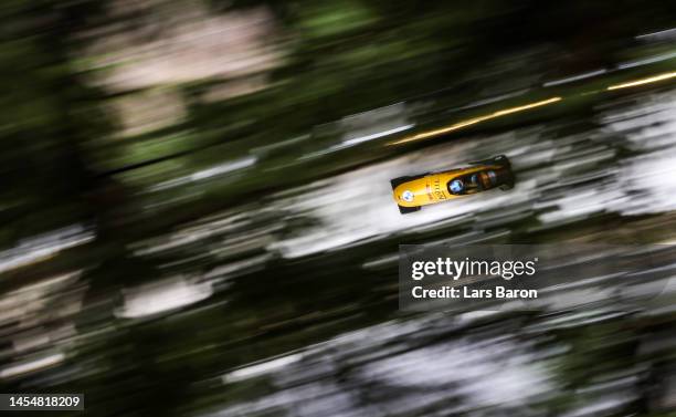 Johannes Lochner and Georg Fleischhauer of Germany compete in the 2-man Bobsleigh during the BMW IBSF Skeleton World Cup at Veltins Eis-Arena on...