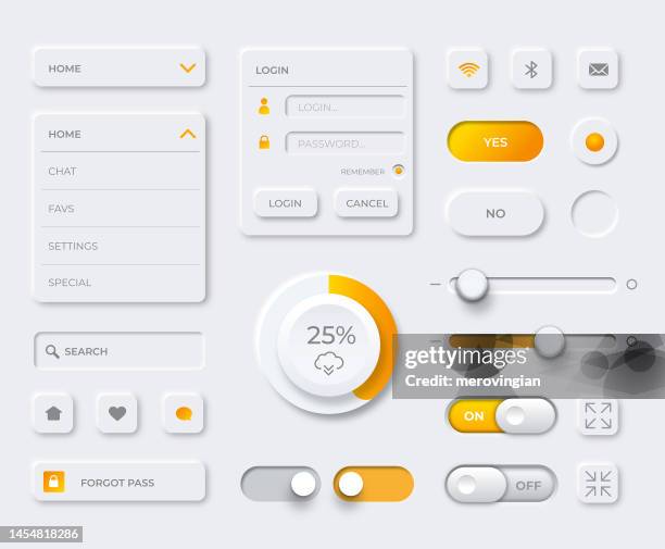 ilustraciones, imágenes clip art, dibujos animados e iconos de stock de elementos de la interfaz de usuario para la aplicación móvil de finanzas. nuevo diseño neumórfico de moda - graphical user interface