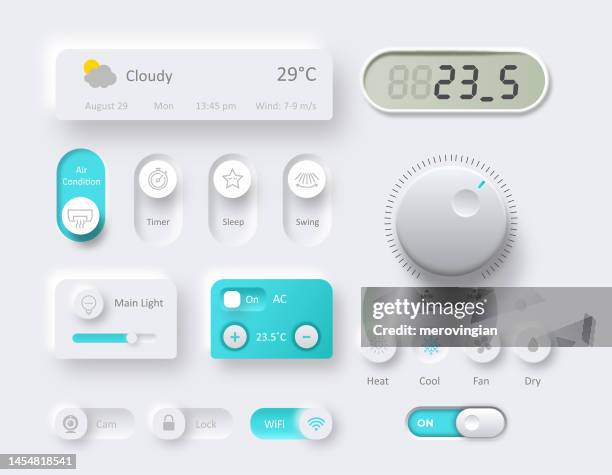 ilustrações, clipart, desenhos animados e ícones de botões de controle usados para regulação do clima doméstico inteligente - knob