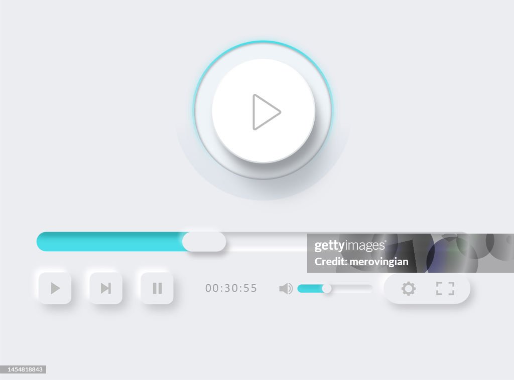 Neumorphic trendy design of simple video player design template for computer, laptop or mobile application