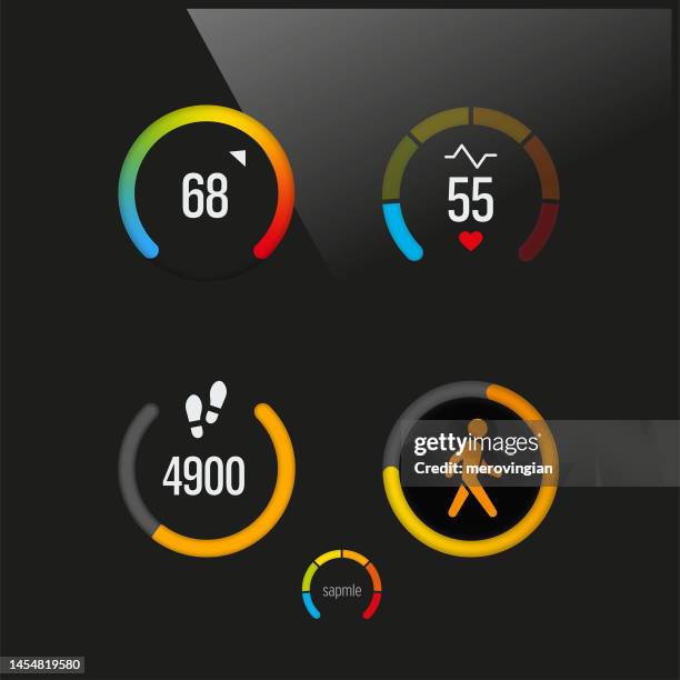 ilustrações de stock, clip art, desenhos animados e ícones de smart device dashboard with heart beat rate check, walking speed and pedometer app in black background - smartwatch