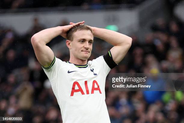 Oliver Skipp of Tottenham Hotspur reacts during the Emirates FA Cup Third Round match between Tottenham Hotspur and Portsmouth FC at Tottenham...