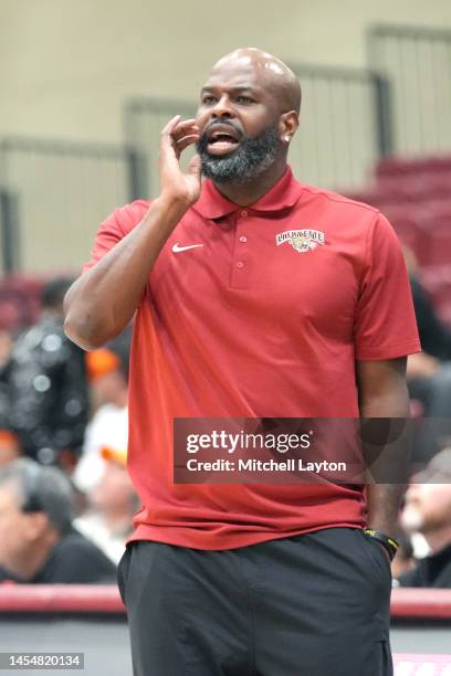 Head coach Mike Jordan of the Lafayette Leopards yells to his players during a college basketball game against the American University Eagles at the...