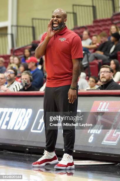 Head coach Mike Jordan of the Lafayette Leopards yells to his players during a college basketball game against the American University Eagles at the...