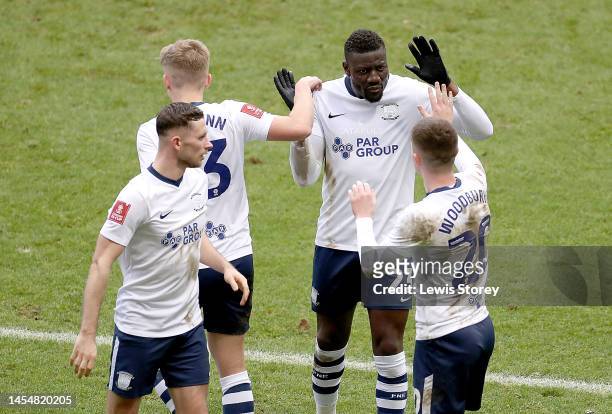 Bambo Diaby of Preston celebrates Tom Lees of Huddersfields own goal during the Emirates FA Cup Third Round match between Preston North End and...