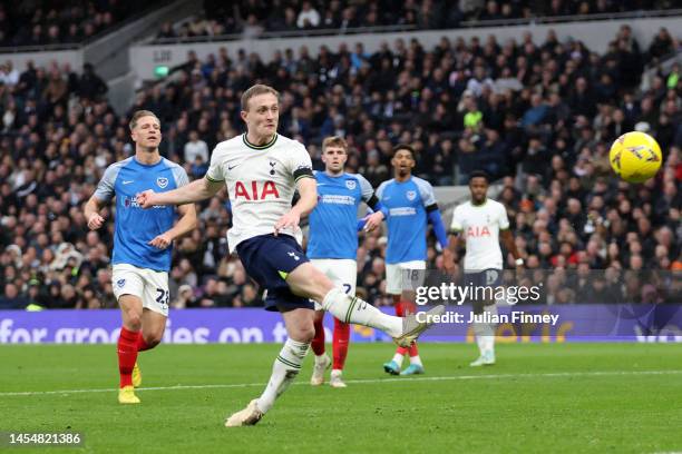 Oliver Skipp of Tottenham Hotspur shoots during the Emirates FA Cup Third Round match between Tottenham Hotspur and Portsmouth FC at Tottenham...