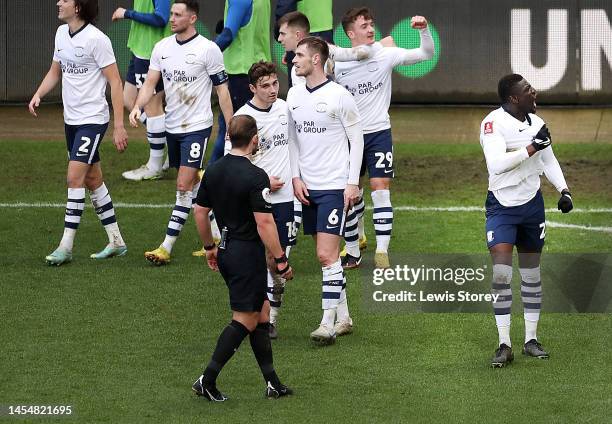 Bambo Diaby of Preston celebrates his goal during the Emirates FA Cup Third Round match between Preston North End and Huddersfield Town at Deepdale...