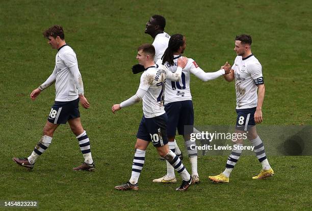 Alan Browne of Preston celebrates scoring his teams third goal with team mate Daniel Johnson of Preston during the Emirates FA Cup Third Round match...