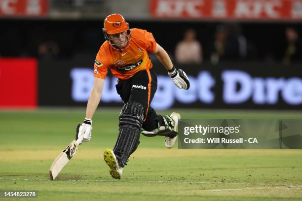 Cameron Bancroft of the Scorchers runs for the crease during the Men's Big Bash League match between the Perth Scorchers and the Brisbane Heat at...