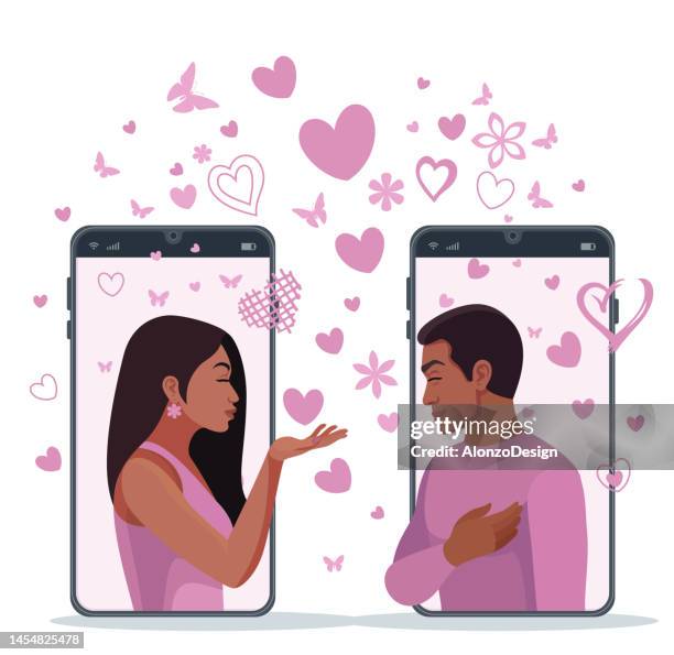 indian woman blowing a virtual kiss to a man. young couple with online dating. - couple love stock illustrations