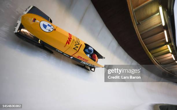 Johannes Lochner and Georg Fleischhauer of Germany compete in the 2-man Bobsleigh during the BMW IBSF Skeleton World Cup at Veltins Eis-Arena on...