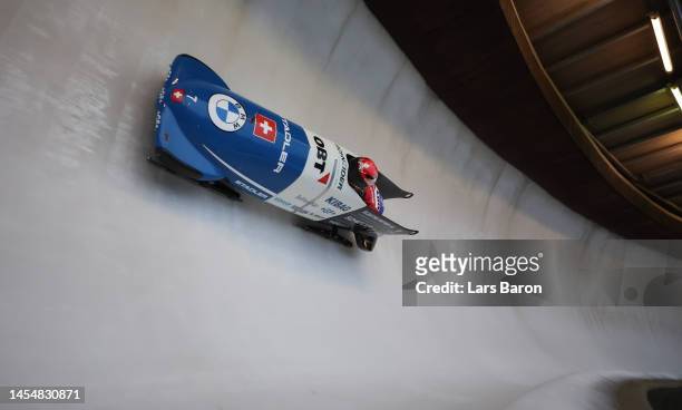 Michael Vogt and Sandro Michel of Switzerland compete in the 2-man Bobsleigh during the BMW IBSF Skeleton World Cup at Veltins Eis-Arena on January...