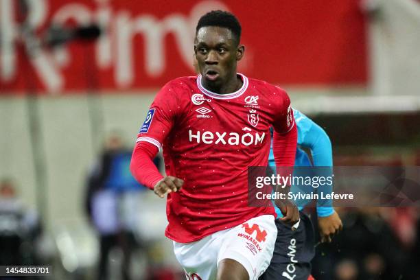Folarin Balogun of Stade de Reims in action during the Ligue 1 Uber Eats match between Reims and Rennes at Stade Auguste Delaune on December 29, 2022...