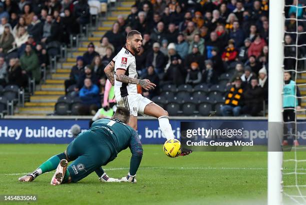 Layvin Kurzawa of Fulham scores his teams first goal past Matt Ingram of Hull City during the Emirates FA Cup Third Round Match between Hull City and...