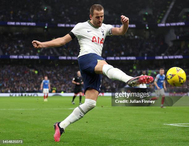 Harry Kane of Tottenham Hotspurs shoots at goal during the Emirates FA Cup third round matcvh between Tottenham Hotspurs and Portsmouth at Tottenham...