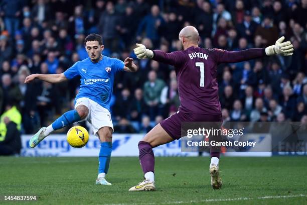 Armando Dobra of Chesterfield scores the team's third goal during the Emirates FA Cup Third Round match between Chesterfield FC and West Bromwich...