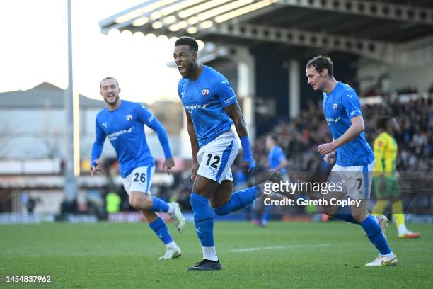 Tyrone Williams of Chesterfield celebrates after scoring the team's first goal during the Emirates FA Cup Third Round match between Chesterfield FC...