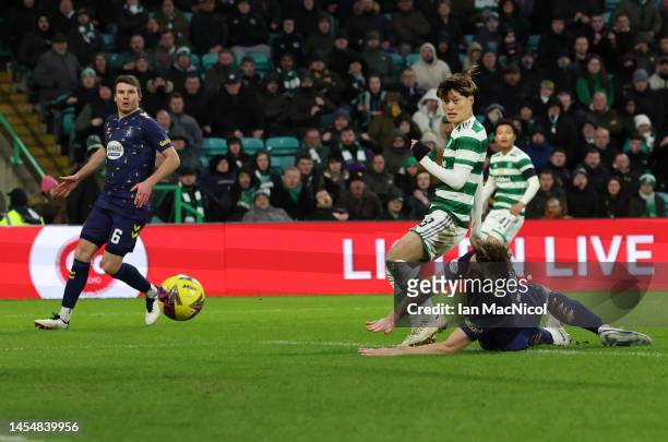 Kyogo Furuhashi of Celtic scores his team's second goal during the Cinch Scottish Premiership match between Celtic FC and Kilmarnock FC at on January...