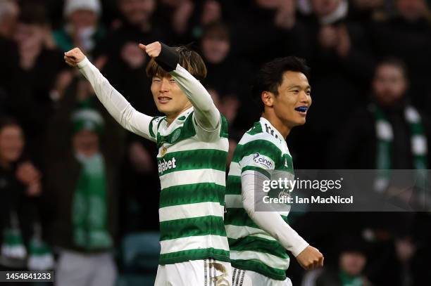 Kyogo Furuhashi of Celtic reacts after he scores his team's second goal during the Cinch Scottish Premiership match between Celtic FC and Kilmarnock...