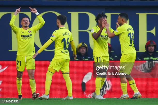 Yeremi Pino of Villareal FC celebrates scoring his side's first goal with his team matesduring the LaLiga Santander match between Villarreal CF and...