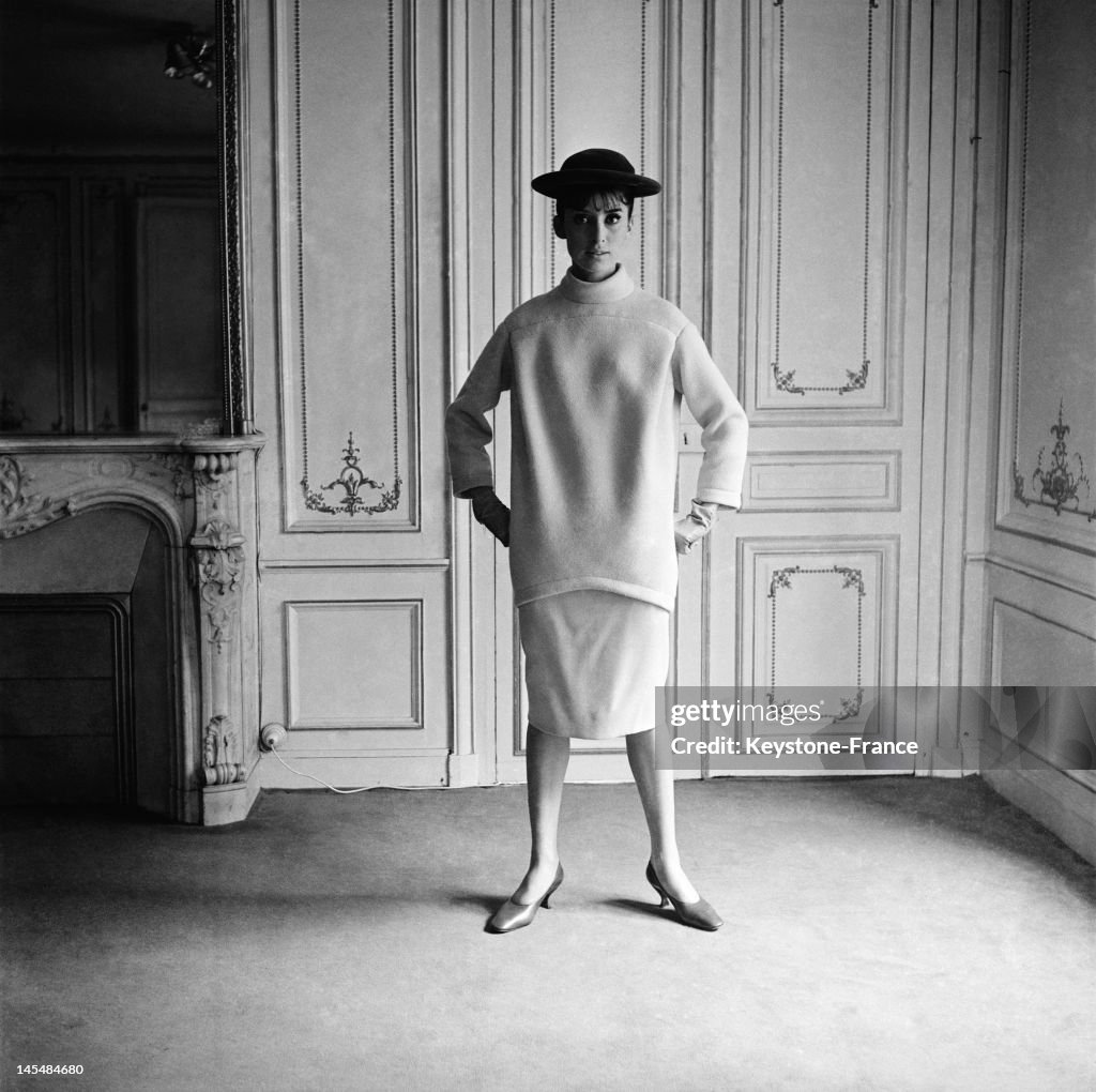A model displays a creation of Pierre Cardin, 1963 in Paris, France ...