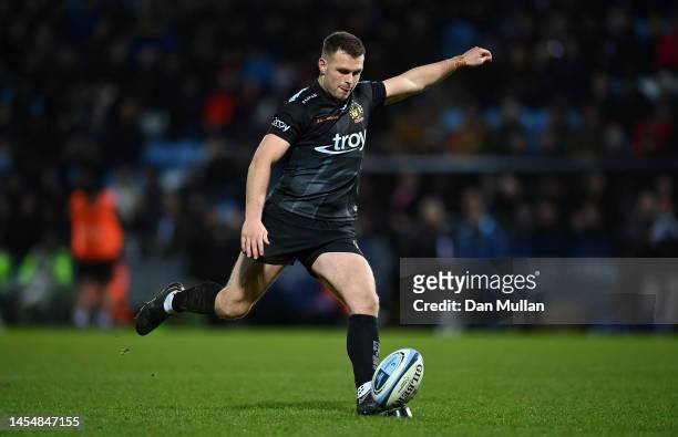 Joe Simmonds of Exeter Chiefs converts his side's third try during the Gallagher Premiership Rugby match between Exeter Chiefs and Northampton Saints...
