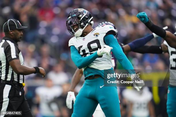 Arden Key of the Jacksonville Jaguars celebrates during the game against the Houston Texans at NRG Stadium on January 1, 2023 in Houston, Texas.