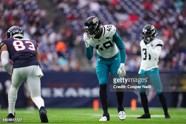Arden Key of the Jacksonville Jaguars gets set against the Houston Texans at NRG Stadium on January 1, 2023 in Houston, Texas.