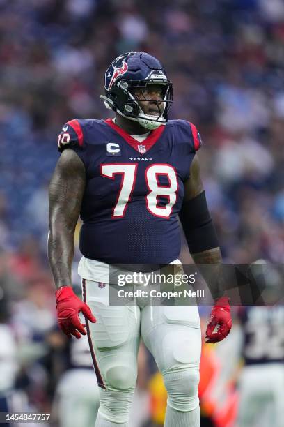 Laremy Tunsil of the Houston Texans walks off of the field against the Jacksonville Jaguars at NRG Stadium on January 1, 2023 in Houston, Texas.