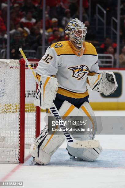 Kevin Lankinen of the Nashville Predators tends the net against the Washington Capitals at Capital One Arena on January 6, 2023 in Washington, DC.