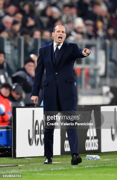 Massimiliano Allegri, Head Coach of Juventus reacts during the Serie A match between Juventus and Udinese Calcio at Allianz Stadium on January 07,...