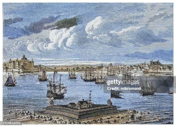 old engraved illustration of kalmar, småland, sweden in the early 17th century - sweden kalmar stock pictures, royalty-free photos & images