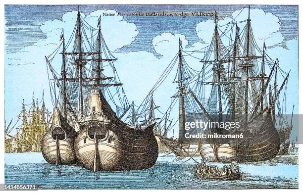 old engraved illustration of dutch merchant ships in home port (around 1650) - 17th century stock pictures, royalty-free photos & images
