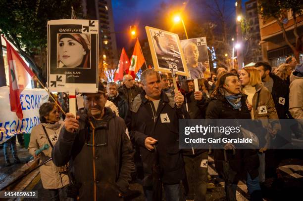 Demonstrators show banners in favor of the Rif prisoners as thousands march during a demonstration organized by the asociation Etxerat and the...