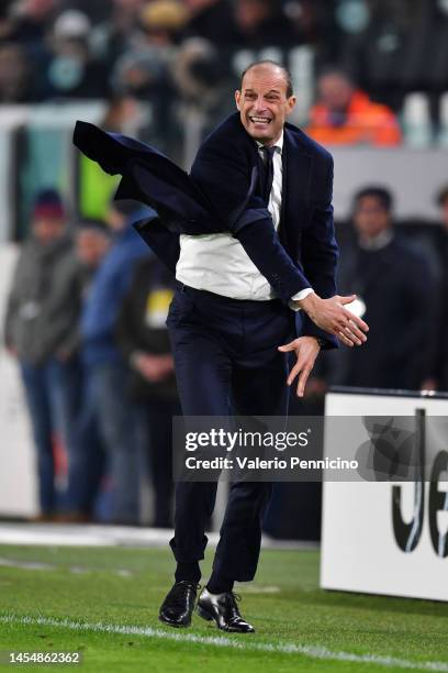 Massimiliano Allegri, Head Coach of Juventus reacts during the Serie A match between Juventus and Udinese Calcio at Allianz Stadium on January 07,...