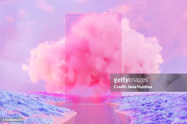 surreal futuristic 3d background. ethereal world. pink cloud, place for text and design. - unicorn stock pictures, royalty-free photos & images