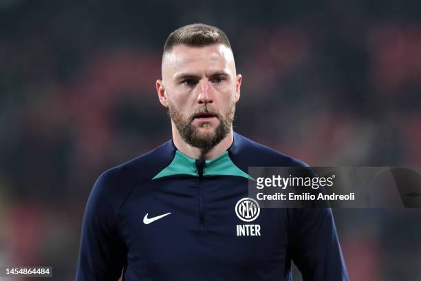 Milan Skriniar of FC Internazionale warms up prior to the Serie A match between AC Monza and FC Internazionale at Stadio Brianteo on January 07, 2023...