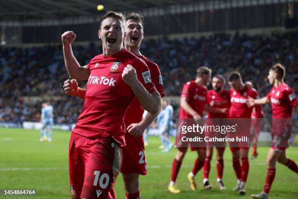 Thomas O'Connor of Wrexham celebrates scoring his teams third goal of the game during the Emirates FA Cup Third Round match between Coventry City and...