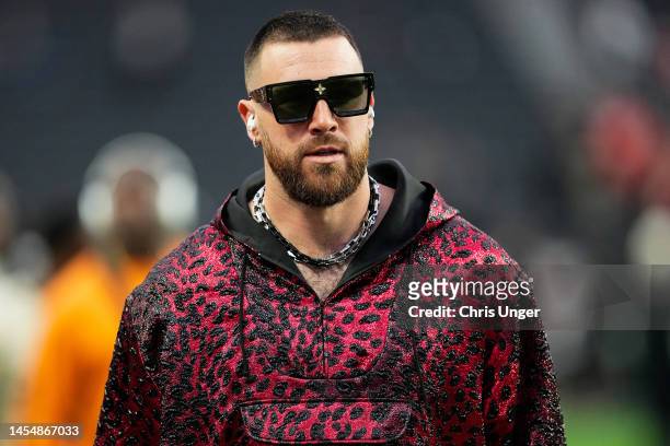 Travis Kelce of the Kansas City Chiefs arrives prior to a game against the Las Vegas Raiders at Allegiant Stadium on January 07, 2023 in Las Vegas,...