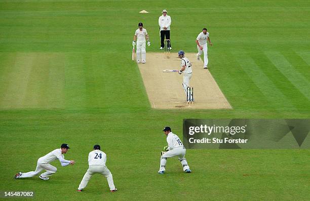 Lancashire batsman Kyle Hogg edges a ball from Steve Harmison to be caught at slip by Paul Collingwood during day two of the LV County Championship...