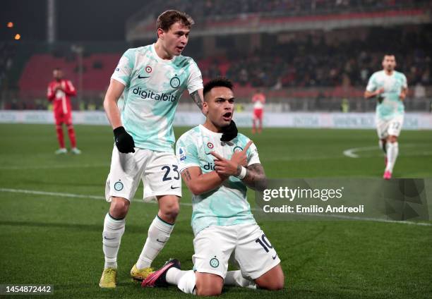 Lautaro Martinez of FC Internazionale celebrates with teammate Nicolo Barella after scoring the team's second goal during the Serie A match between...