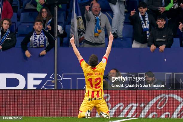 Toni Villa of Girona FC celebrates after scoring his team's first goal during the LaLiga Santander match between RCD Espanyol and Girona FC at RCDE...