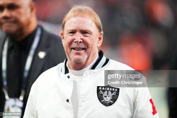 Owner and managing general partner Mark Davis of the Las Vegas Raiders looks on prior to a game against the Kansas City Chiefs at Allegiant Stadium...