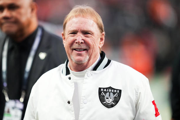 Owner and managing general partner Mark Davis of the Las Vegas Raiders looks on prior to a game against the Kansas City Chiefs at Allegiant Stadium...