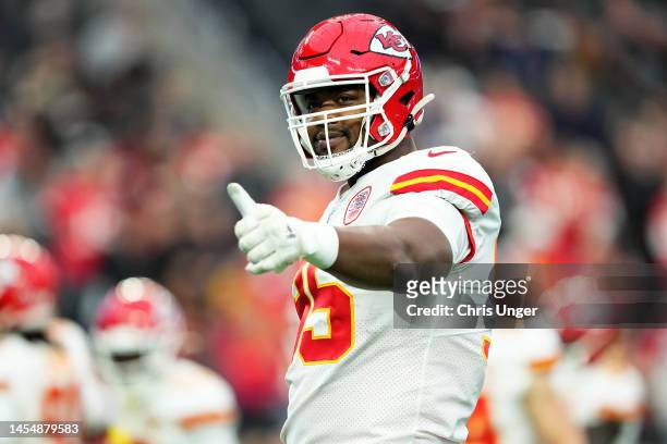 Chris Jones of the Kansas City Chiefs warms up prior to a game against the Las Vegas Raiders at Allegiant Stadium on January 07, 2023 in Las Vegas,...