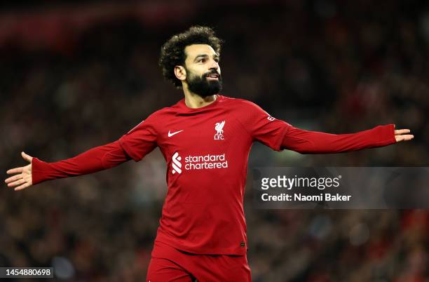 Mohamed Salah of Liverpool celebrates after scoring the team's second goal during the Emirates FA Cup Third Round match between Liverpool FC and...